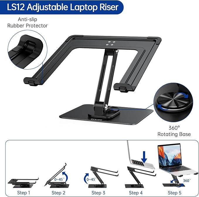 BESIGN LS12 Laptop Stand with 360° Rotating Base, Ergonomic Adjustable Notebook - Image 6