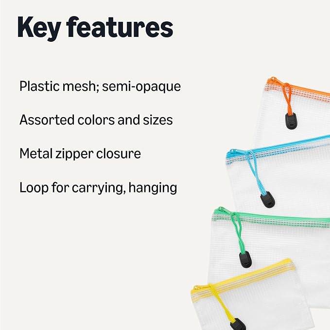 Amazon Basics 30-Pack Mesh Zipper Pouch Bags, 8 Sizes Waterproof Storage - Image 2