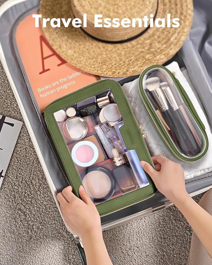 Travel Clear Makeup Bag with Makeup Brush Bag, Leather Makeup Case Toiletry Bag - Image 4