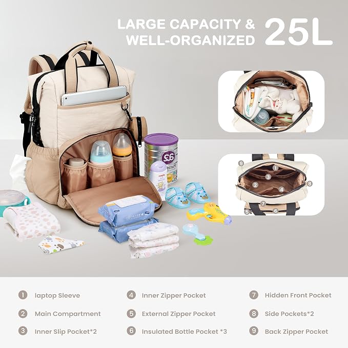 VONAL Diaper Bag Backpack, Lightweight Baby Diaper Bags, Travel Large Diaper Bag - Image 3