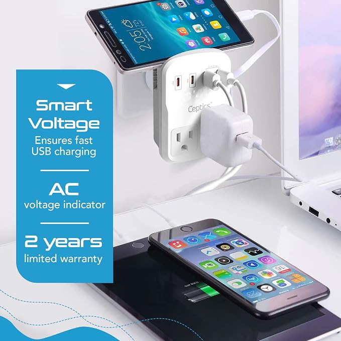 Ceptics World Travel Adapter Kit 2 USB-A, USB-C US Outlets, 20W/QC 18W Power - Image 7