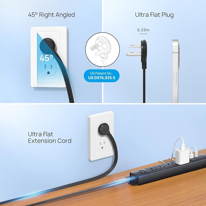 TROND Flat Plug Power Strip USB-5ft Flat Extension Cord Surge Protector Wall - Image 5