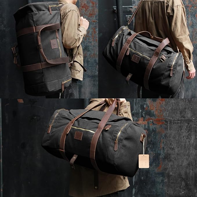 60L Travel Bags for Men, Nomad Canvas Duffle Bag Vintage Genuine Leather Travel - Image 2