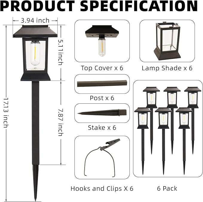 6 Pack Solar Pathway Lights Outdoor Waterproof, Dual-Use Stake & Hanging Lantern - Image 2