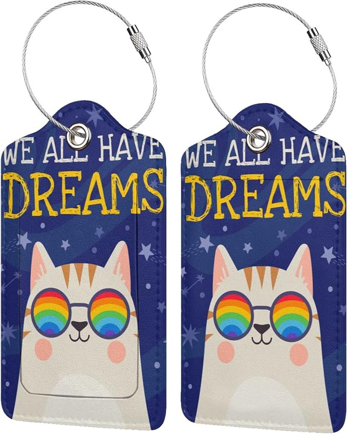 2 Cute Cat with Rainbow in Eye Glasses Luggage Tags, We All Have Dreams by OUZPGAQ