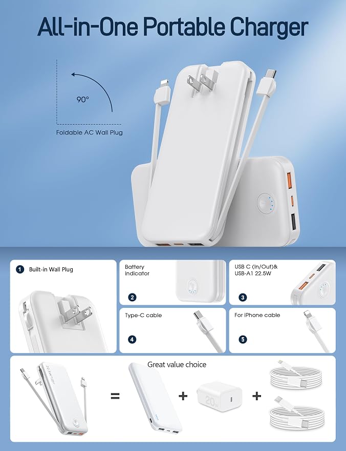Portable Charger with Built in Cable and AC Wall Plug, USB C Power Bank - Image 2