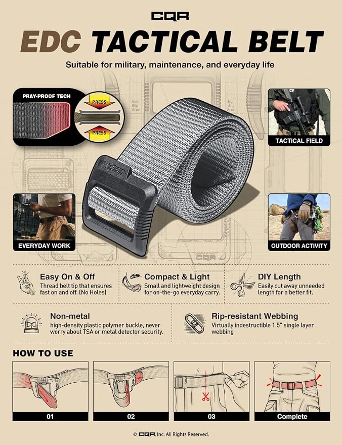 CQR Tactical Belt, Military Style Heavy Duty Belt, Webbing EDC Quick-Release - Image 3