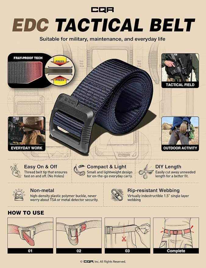 CQR Tactical Belt, Military Style Heavy Duty Belt, Webbing EDC Quick-Release - Image 4