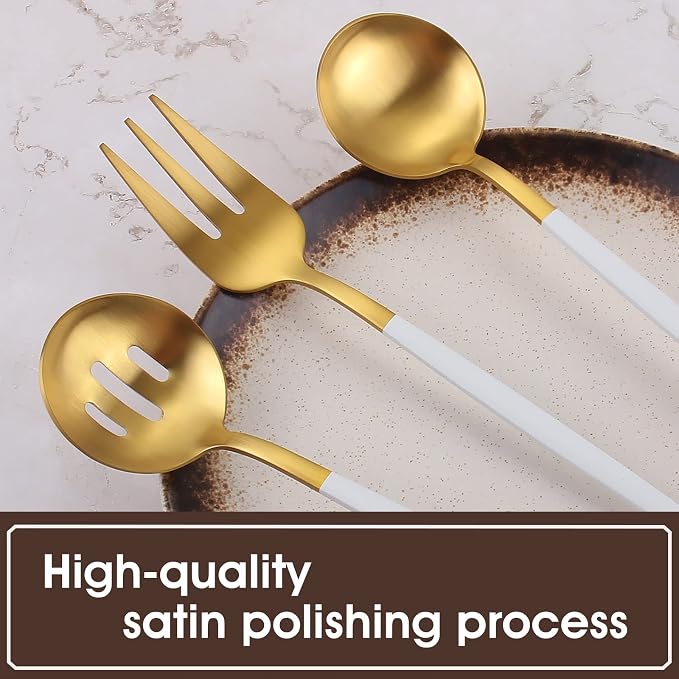 Matte White Gold Serving Silverware Set, 5-Piece Round Shared Utensils Set of - Image 4