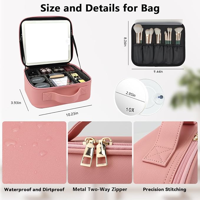 Travel Makeup Bag with LED Mirror and 10x magnifying glass with 3 Lighted - Image 5