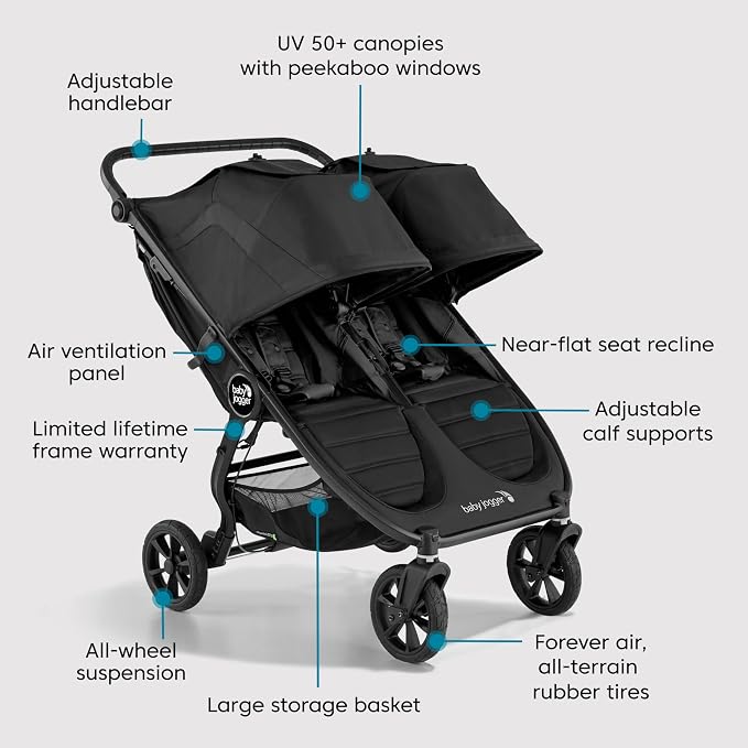 Baby Jogger City Mini GT2 All-Terrain Double Stroller Jet Black Perfect - Image 7