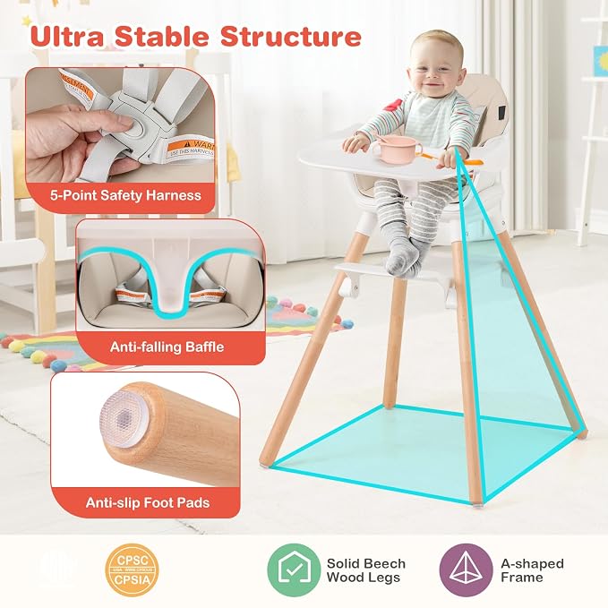 HONEY JOY Baby High Chair, 6 in 1 Convertible Wooden Highchair - Image 7