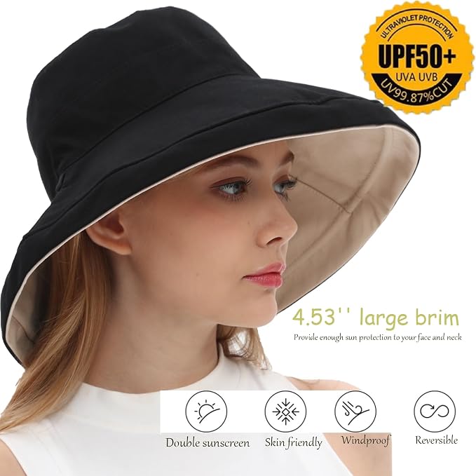 vidsel Womens Sun Hats Wide Brim Reversible Bucket Cotton Hat Packable Summer - Image 4