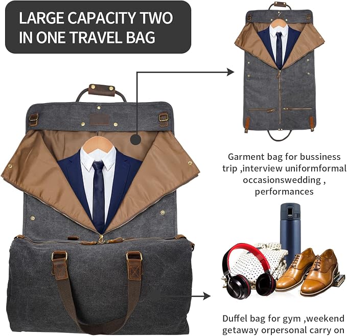 2 in 1 Canvas Leather Suit Luggage Garment Bag - Image 5