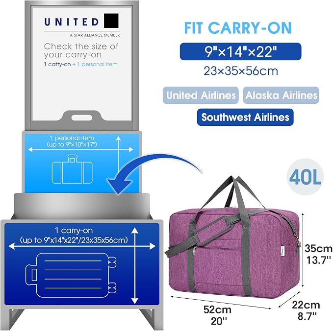 For United Airlines Foldable Carry on Bag 22x14x9 Travel Duffel Bag Packable - Image 2