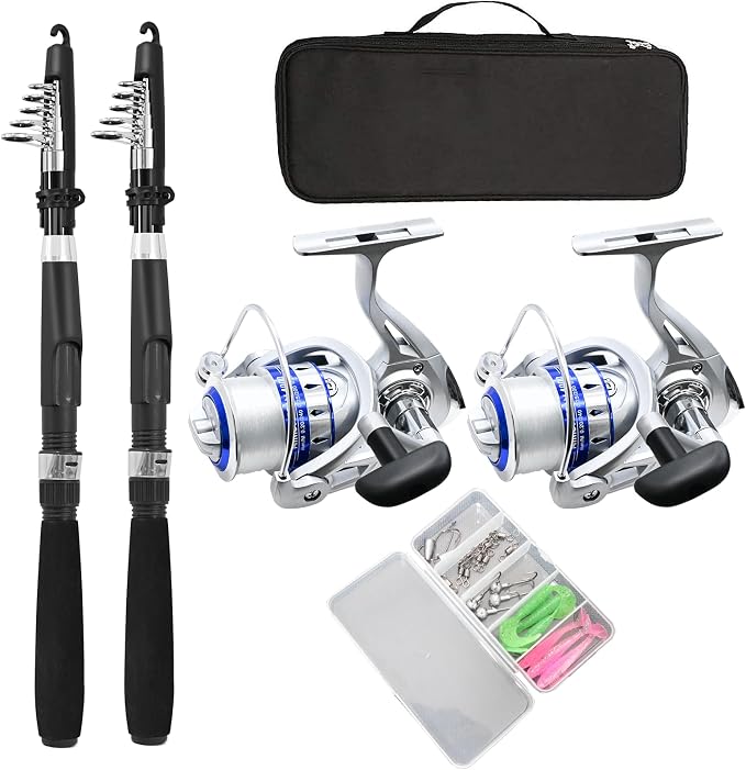 Fishing Pole Combo Set, 2.1m/6.89ft 2PCS Collapsible Rods 2PCS Spinning Reels by Makefishingbeeasy