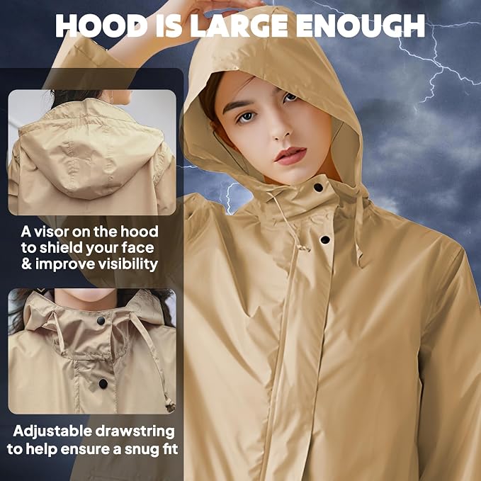 ANYOO Waterproof Rain Poncho Lightweight Reusable Hiking Hooded Coat Jacket - Image 4