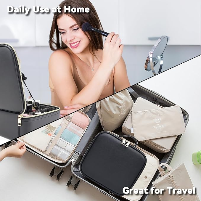 Travel Makeup Bag with LED Mirror with 3 Lighted Settings, Adjustable Dividers - Image 6