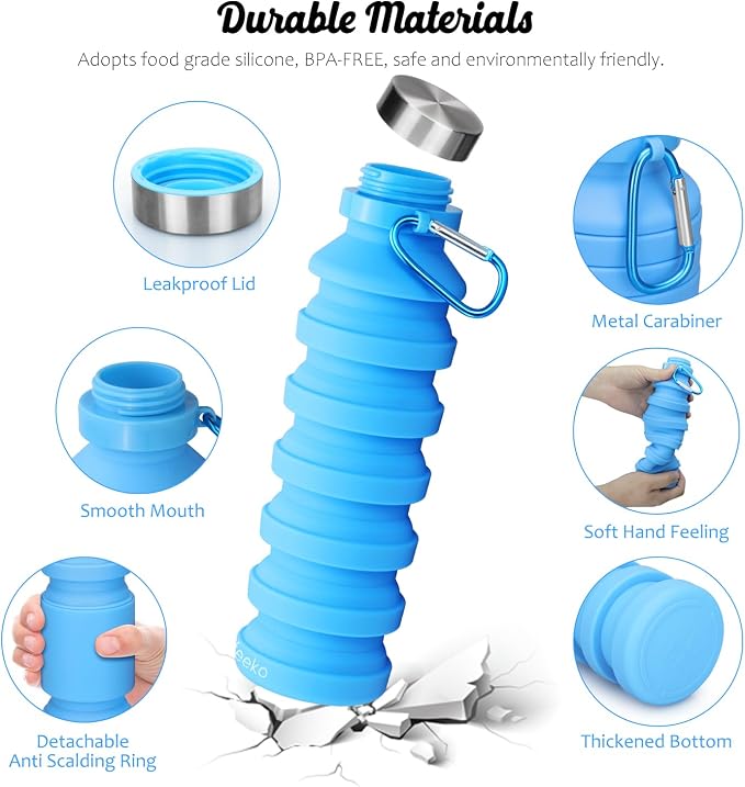 Nefeeko Collapsible Water Bottle, Reuseable BPA Free Silicone Foldable Water - Image 3