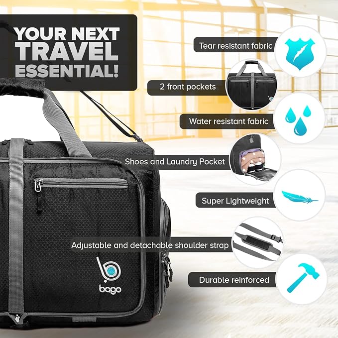 Bago Foldable Duffel Bags for Traveling Women & Men - 60L Medium Packable - Image 3