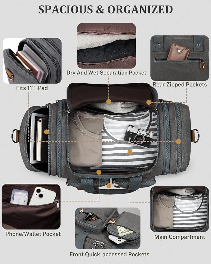 Gonex Canvas Duffle Bag for Travel, Expandable Water Resistant 50L Carry on - Image 5
