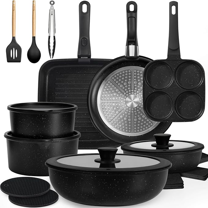 KIKCOIN 24 Pack Pots and Pans Set Non Stick, Detachable Handle Cookware Set by Kikcoin