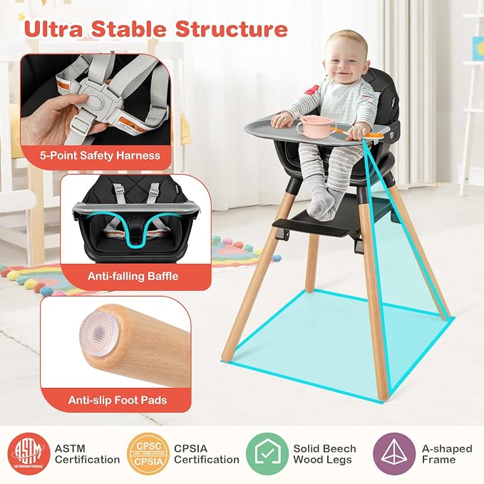 HONEY JOY Baby High Chair, 6 In 1 Convertible Wooden Highchair - Image 5