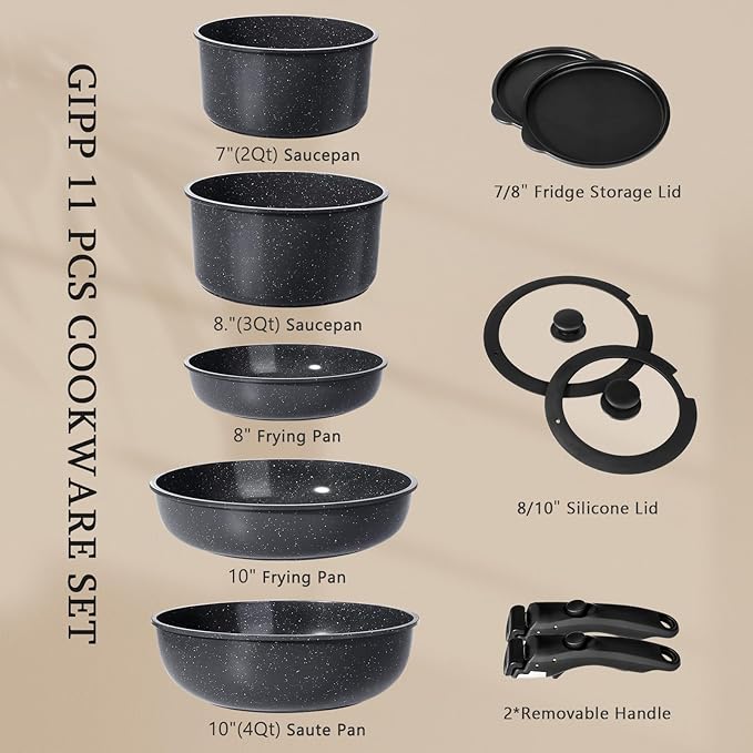 GiPP Ceramic Pots and Pans Set Non Stick, 11 Piece Nonstick Detachable Handle - Image 6