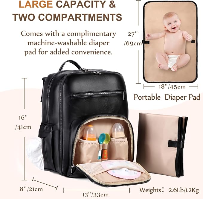 VASCHY Diaper Bag Backpack for Mum Dad, Unisex Large Waterproof Vegan Leather - Image 2