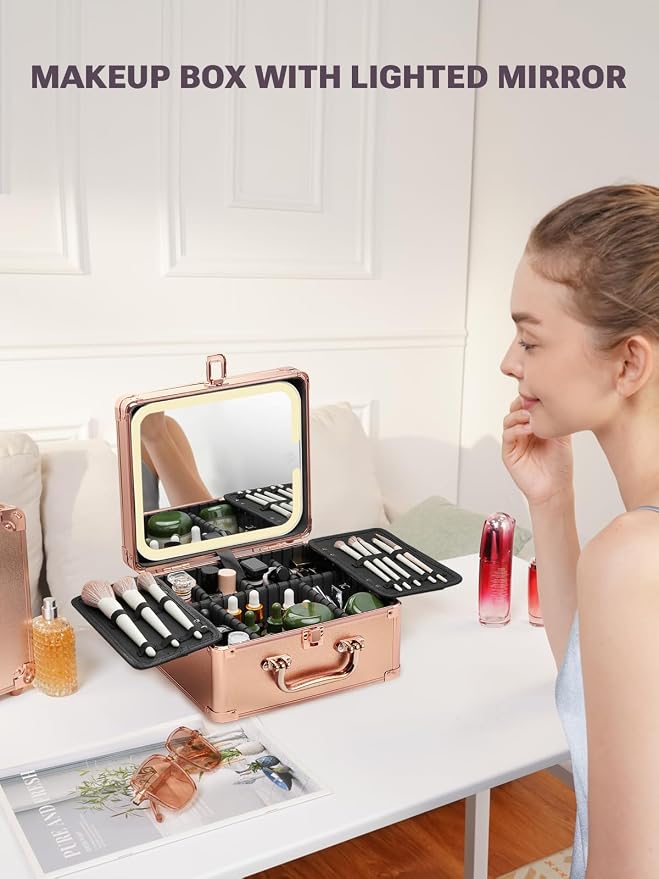 Qislee Makeup Box with A Detachable Lighted Mirror, Waterproof Travel Train Case - Image 6