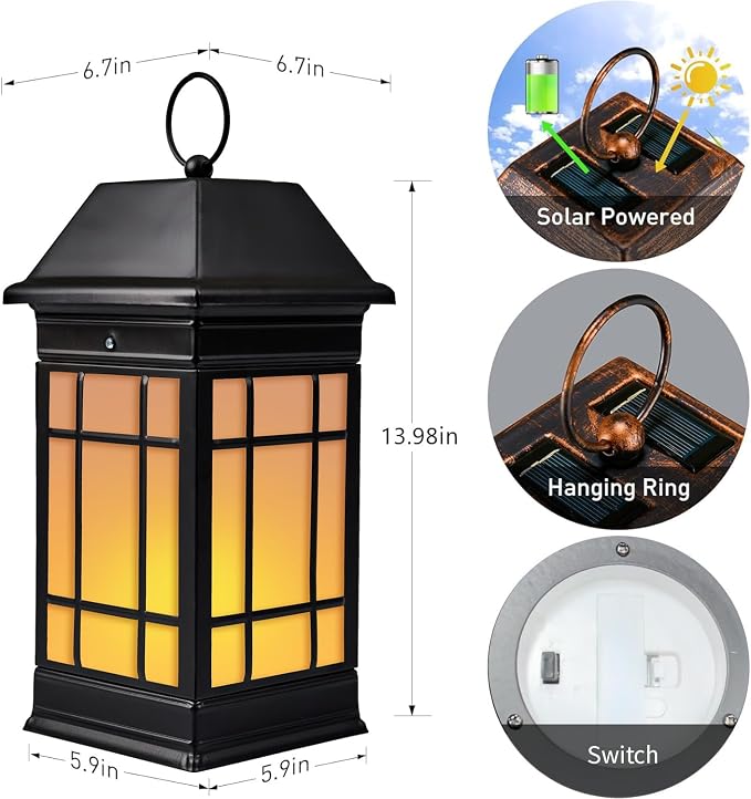 14" Solar Lantern Outdoor Waterproof, Glass Flickering Flame Solar Lanterns - Image 4