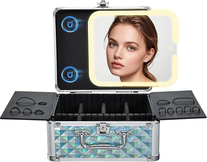 Makeup Case with Magnetic LED Mirror Travel Cosmetic Organizer Portable Makeup by Faquenc