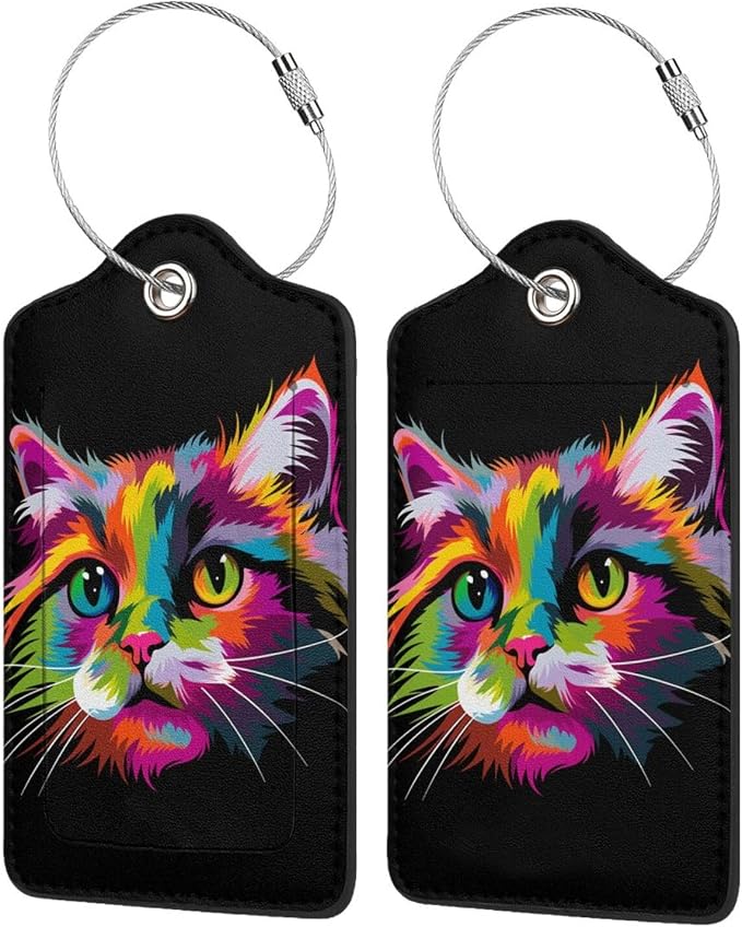 Cat Leather Luggage Tag with Stainless Steel Ring, Fun Name Id Card Cover by Ovitssrk
