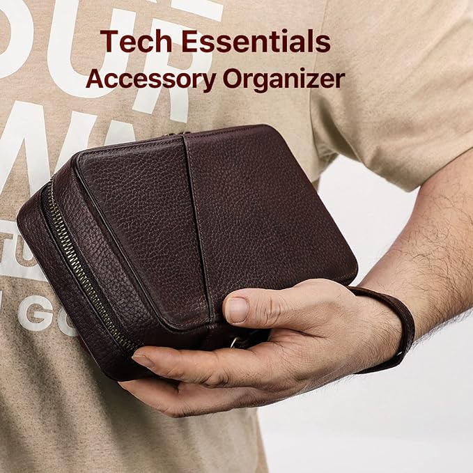 Top Grain Leather Text Custom Electronic Organizer Zipper Bag Tech Pouch - Image 6