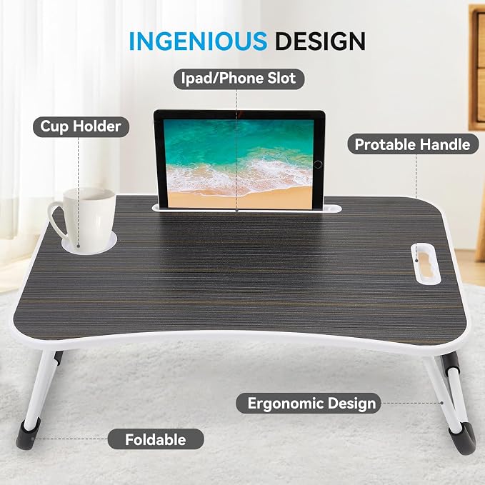 BUYIFY Folding Lap Desk, 23 Inch Portable Wood Black Laptop Bed Desk Lap Desk - Image 2