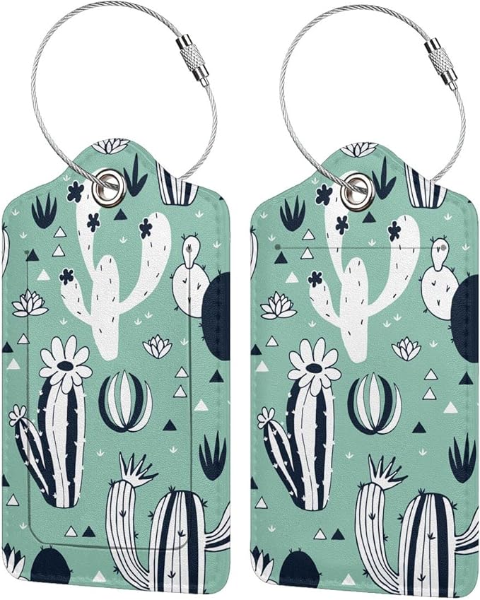 2 Pack Cute Cactus Green Suitcase Tags Identifiers Unique Leather Luggage Tags by SNAPMADE