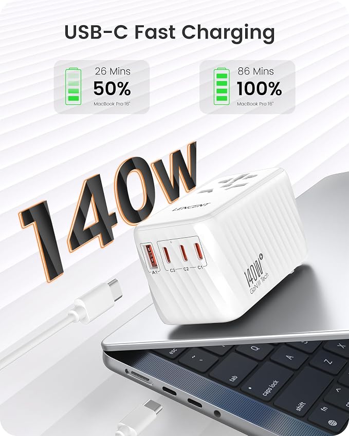 LENCENT 140W Universal Travel Adapter, International Plug Adaptor, GaN Fast - Image 2