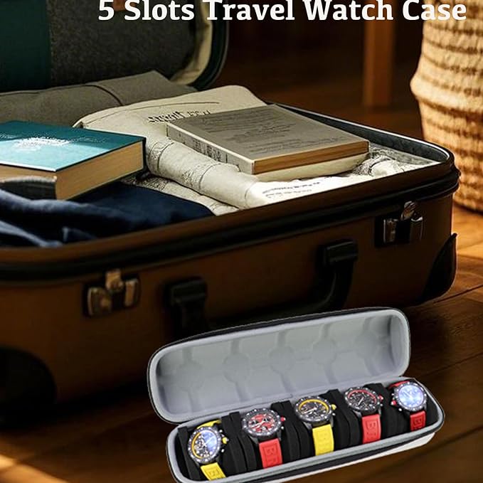 Juntan 5 Slots Hard Watch Travel Case, Portable Nylon Travel Watch Roll Case - Image 6