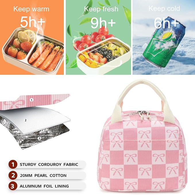 Bluboon Lunch Bag for Women Men Cute Corduroy Lunch Tote Bags Reusable - Image 2