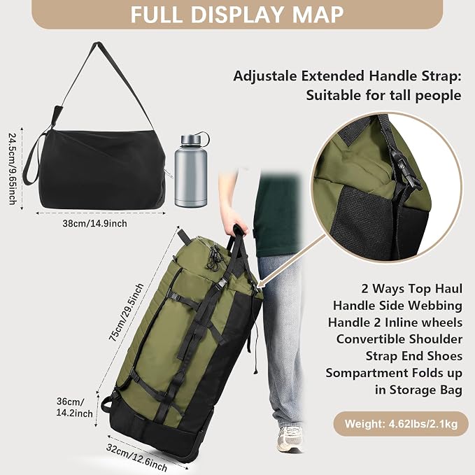 Rolling Duffle Bag with Wheels, 86L 30”Folding Duffle Backpack with 2 Wheels - Image 4