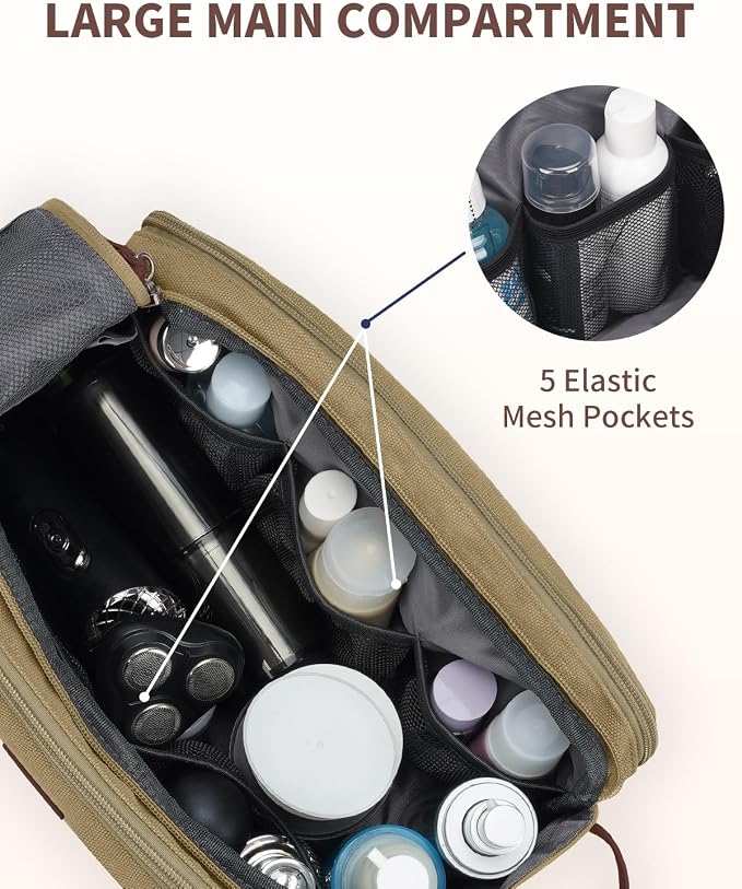 WANDF Toiletry Bag for Men Travel Toiletry Organizer Canvas and Leather Dopp - Image 3