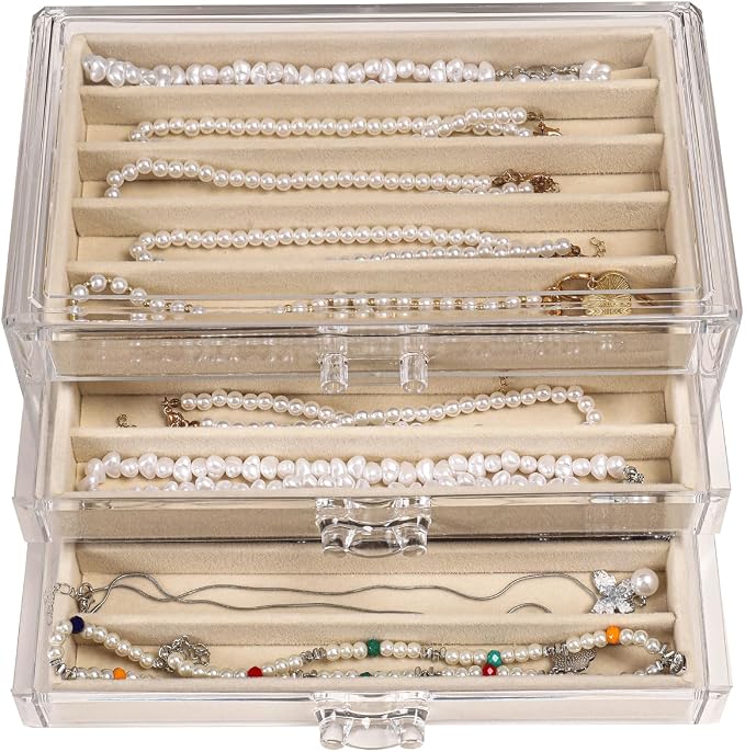 Necklace Organizer Box with Clear Lid, Dustproof Velvet Jewelry Holder Storage by CLUQMEIK