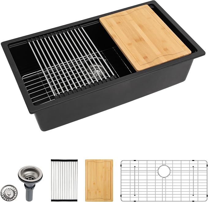 Dcolora 33 inches Granite Composite Kitchen Sink Workstation Black Undermount by Dcolora