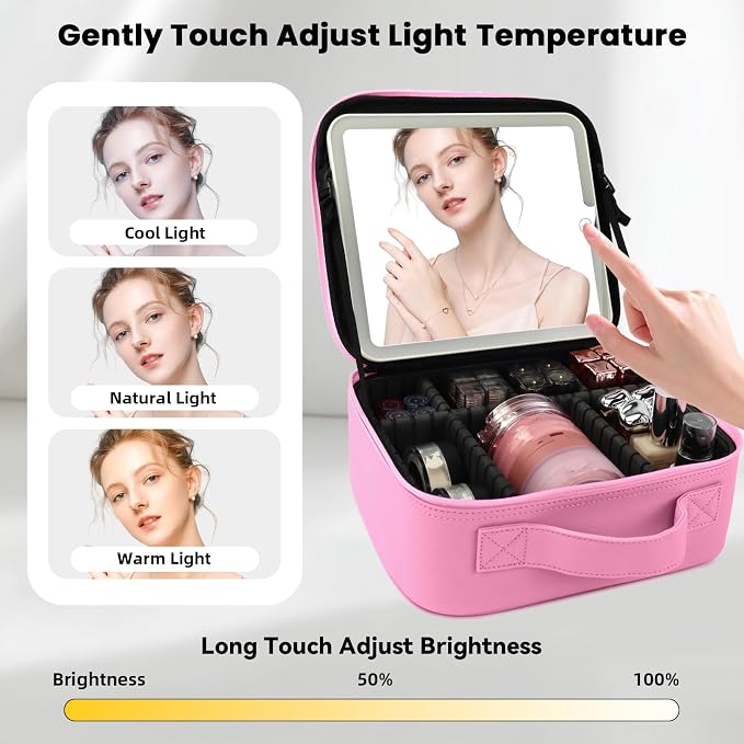 Travel Makeup Bag with LED Mirror and Light Travel Makeup Case Cosmetic - Image 2