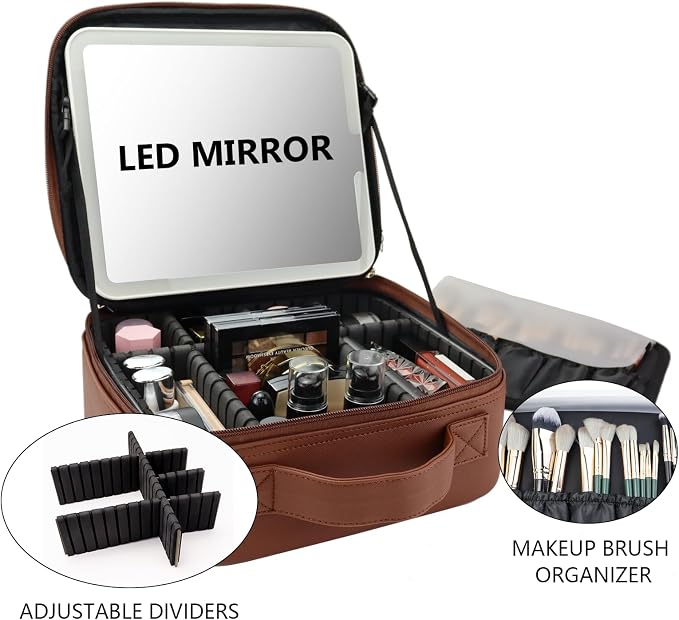 Travel Makeup Bag with LED Mirror Travel Makeup Organizer with 3 Lighted - Image 8