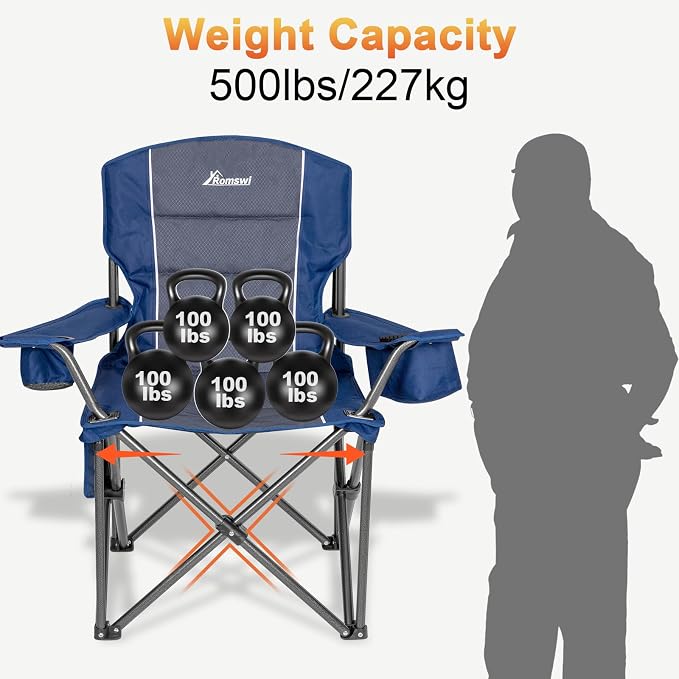 Romswi Oversized Camping Chairs, Heavy Duty Support 500 LBS, Padded Back & Arm - Image 5