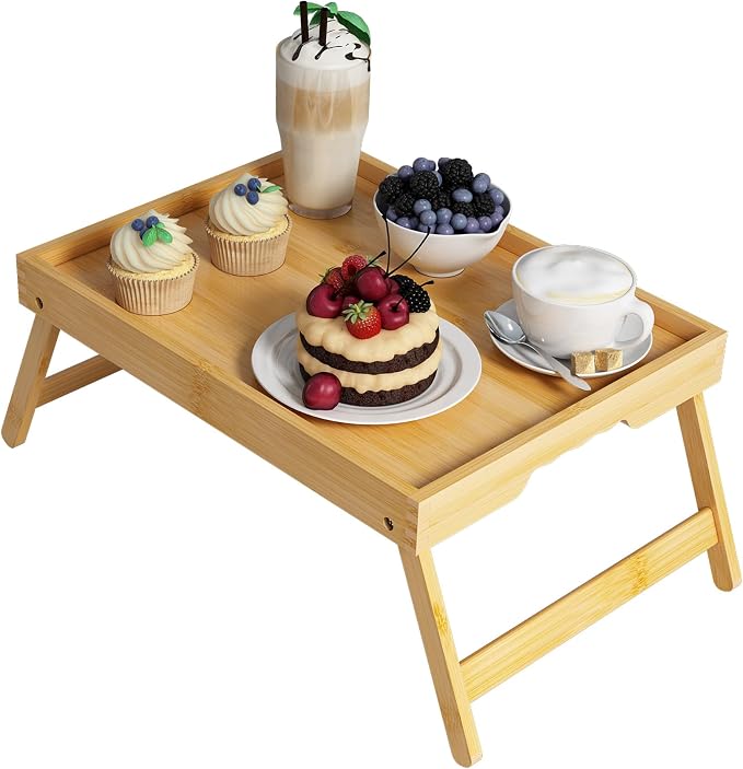 Bed Tray Table with Folding Legs, Bamboo Breakfast in Bed by Unknown