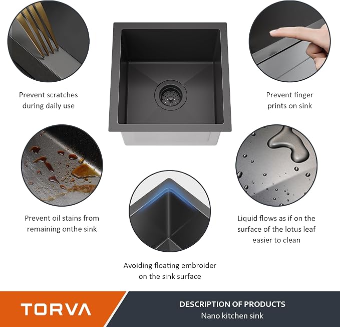 TORVA 14 x 14 Inch Gloss Black Undermount Kitchen Sink, PVD Coated Gunmetal - Image 5