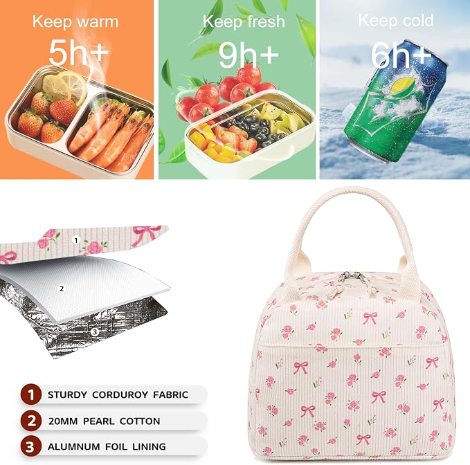 Bluboon Lunch Bag for Women Men Cute Corduroy Lunch Tote Bags Reusable - Image 5