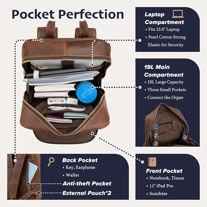 Leather Backpack for Men 15.6" Laptop Backpack 100% Madagascar top-Grain - Image 3